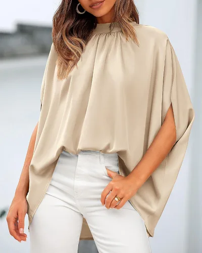 Miniatura 123 de BTFBM Blusas de verano para mujer, cuello alto falso, manga murciélago, holgadas, dobladillo alto y bajo, blusas informales de gran