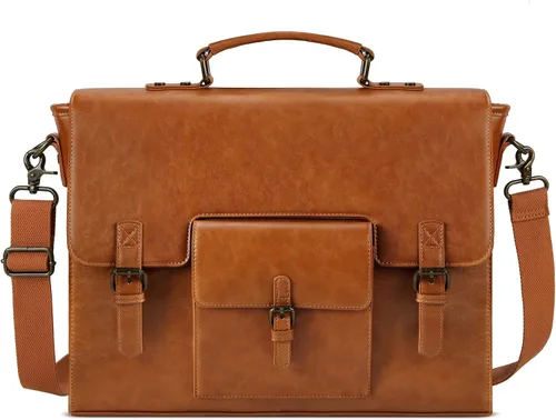 Miniatura 8 de Bolsa de mensajero de cuero para hombres y mujeres, 15.6 pulgadas, impermeable, de cuero vintage, maletín para laptop, bolso de hombro grande, bolsa
