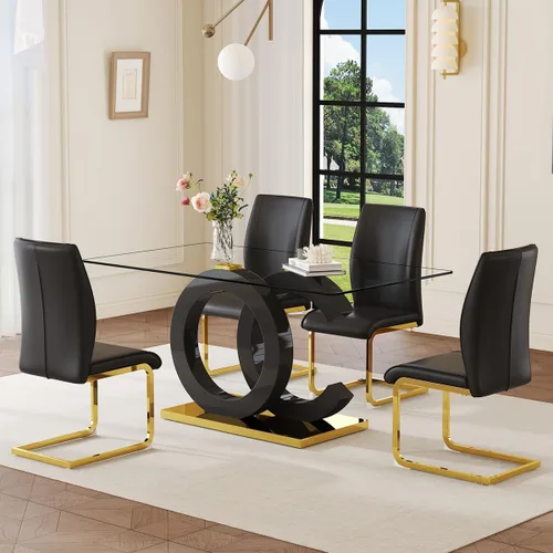 Miniatura 15 de Juego de mesa de comedor de cristal de 63 pulgadas para 6, juego de mesa de comedor moderno para 6, mesa de vidrio templado con patas negras