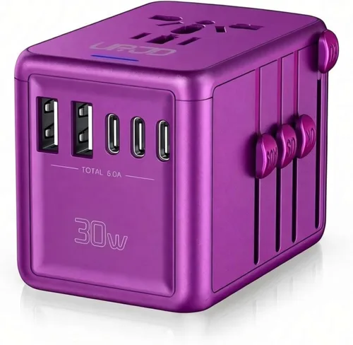 Adaptador de viaje universal con 3 puertos USB-C + 2 puertos USB-A de carga rápida de 30 W, salida de CA de 2500 W, adaptador de corriente 3 USB