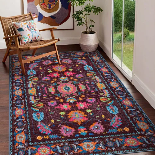 Alfombra púrpura para sala de estar, lavable, antideslizante, de pelo corto, 4 x 6, estilo vintage, resistente a las manchas, suave, oriental para