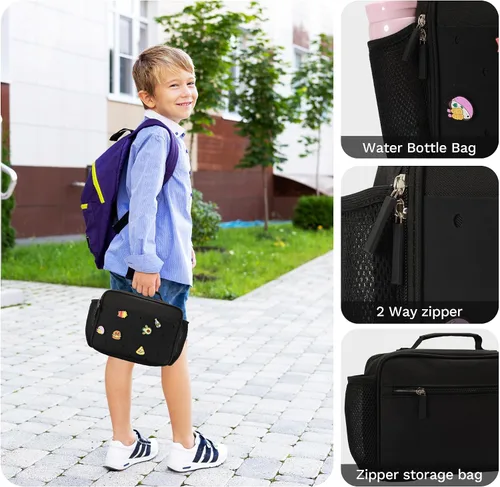 Miniatura 5 de Lonchera Aislada para Niños, Linda Lonchera Reutilizable, Bolsa de Almuerzo para Escuela, Picnic, Regalo de Cumpleaños para Niño o Niña (Negro)