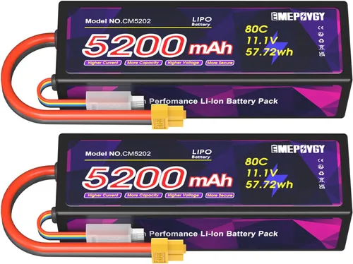Batería Lipo de 11.1V 3S 5200mAh 80C Lipos Estuche rígido con conector XT60 para coches RC camiones 1/8 1/10 vehículos RC (2 paquetes)
