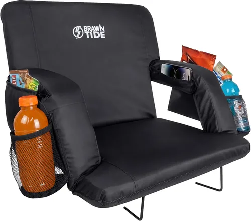 BRAWNTIDE - Asiento para estadio con respaldo, cómodo cojín, acolchado grueso, 2 ganchos para gradas, 4 bolsillos, silla de estadio ideal para