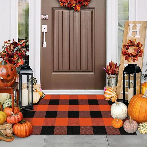 Alfombra Buffalo Plaid Pequeña a Cuadros 2x3 Pies (61x91 cm) Naranja y Negro, Tapete para Puerta Delantera, Navidad Halloween Acción de Gracias,
