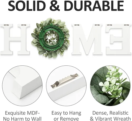 Miniatura 7 de MAYICIVO Letrero moderno de madera para el hogar con corona de eucalipto artificial, blanco y beige, 13.81 pulgadas de diámetro, montaje en pared