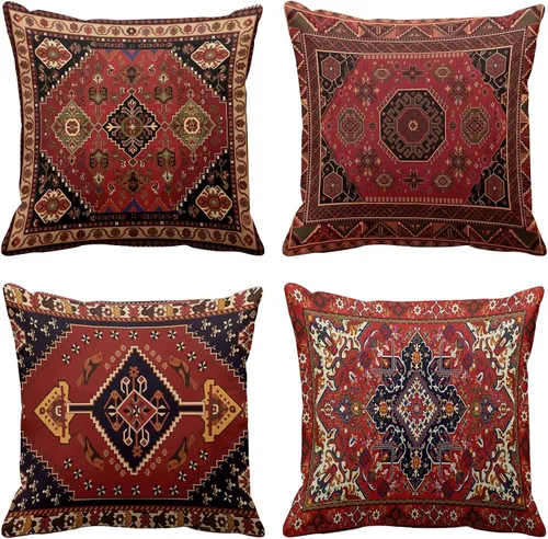 Emvency Juego de 4 fundas de almohada tribales abstractas rojas y negras con patrón de alfombra vintage, fundas de almohada decorativas para