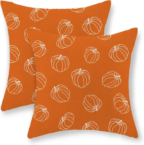 Miniatura 42 de AEIOAE - Juego de 2 fundas cuadradas de almohadones de lino para otoño con calabaza en tono naranja quemado y blanco, para decoración al aire libre
