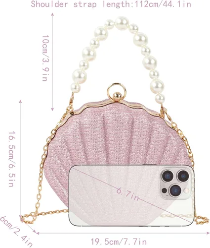 Miniatura 2 de ZLM BAG US Bolso de mano de noche con purpurina Seashell Mini Chain Crossbody Bag PU Cuero Shell Pearl Bolso de hombro, Y-Rosa