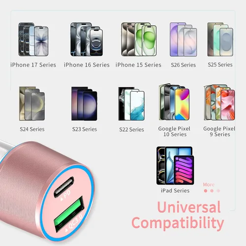 Miniatura 4 de Cargador de Coche Rosa de 67.5W USB C Super Carga Rápida, Bloque de 45W USBC y Puerto QC3.0 para iPhone 17 Pro Max/Air/16/15/iPad, Teléfono Celular