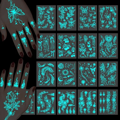 Konsait 17 hojas de tatuajes que brillan en la oscuridad para mujeres y niñas, tatuajes de luz negra, tatuaje luminoso de mano, flores de mariposa,