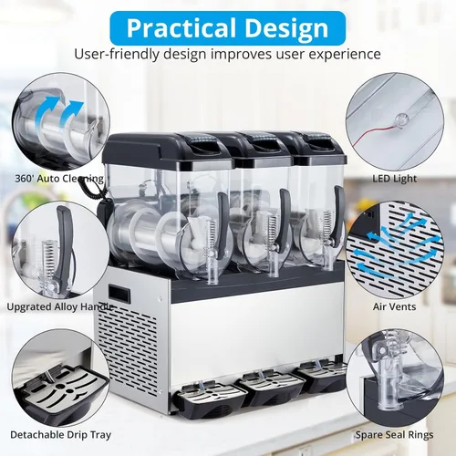 Miniatura 3 de Máquina comercial de granizados Máquina congelada de la bebida, tres tanques 12l 860w acero inoxidable, fabricante de batidos de granizado de vino