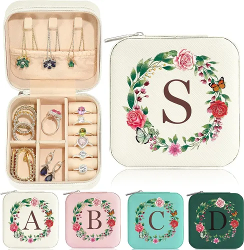 Parima Joyero de viaje Pequeño organizador de viaje de joyería con inicial Joyero de viaje blanco para mujeres y niñas Organizador de collar de