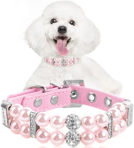 Miniatura 11 de HOWWFALY Collares de perlas para perros y gatos con diamantes de imitación de cristal, collar de piel sintética, collar ajustable para perros