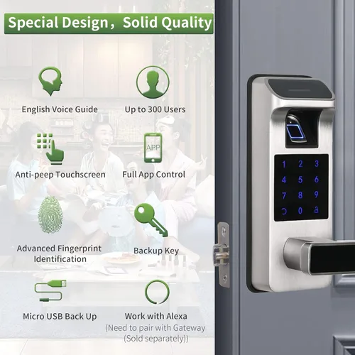 Miniatura 2 de Cerradura de puerta inteligente, cerradura de puerta de entrada 5 en 1 sin llave, bloqueo de teclado digital con control completo de aplicación