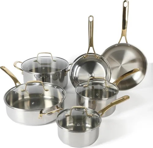 Martha Stewart Castelle - Juego de 10 piezas de ollas y sartenes de acero inoxidable 18/8 duradero seguro para inducción, juego de utensilios de
