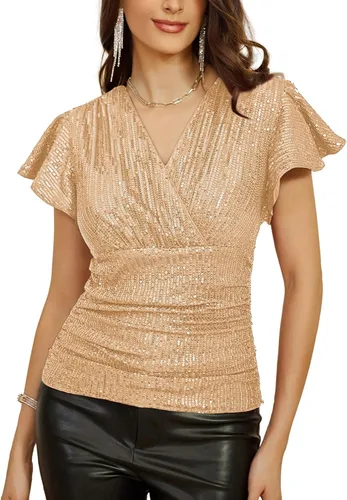 GRACE KARIN Blusas de lentejuelas con volantes para mujer, manga corta, elegante, brillante, blusa fruncida, para fiesta, club, cóctel