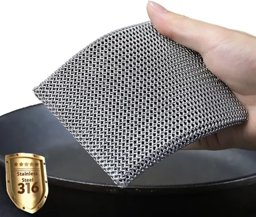 Limpiador de hierro fundido con anillo fino, esponja de acero inoxidable 316, limpiador de platos, silicona integrada con anillos soldados, para