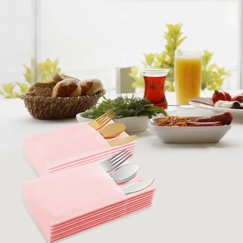 Miniatura 4 de Servilletas desechables de color rosa, paquete de 50 servilletas de papel de tacto de lino con bolsillo integrado para cubiertos, tela preplegada