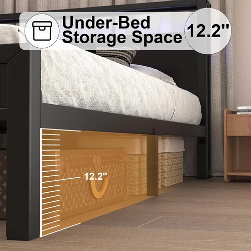 Miniatura 7 de LoVinson Full Size Bed Frame with Charging Station and LED Light, Metal Platform Bed with Storage Headboard, Noise Free, No Box Spring Needed, Easy