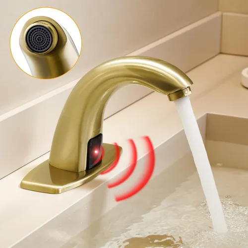 Miniatura 8 de Charmingwater Grifo de lavabo de baño sin contacto, grifo con sensor automático de movimiento con placa de cubierta de agujero, oro cepillado