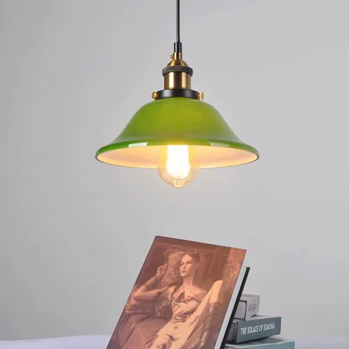 Miniatura 5 de Nordic Retro Green Glass Pendant Lights, Mid Century Dome Metal Hanging Pendant Lamp, Adjustable Cord E27/E26 Sockets Chandelier for Kitchen Island