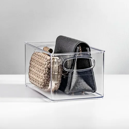 mDesign Organizador de plástico para armario del hogar, cesta de almacenamiento con asas para dormitorio, baño, estantes de gabinete, entrada y