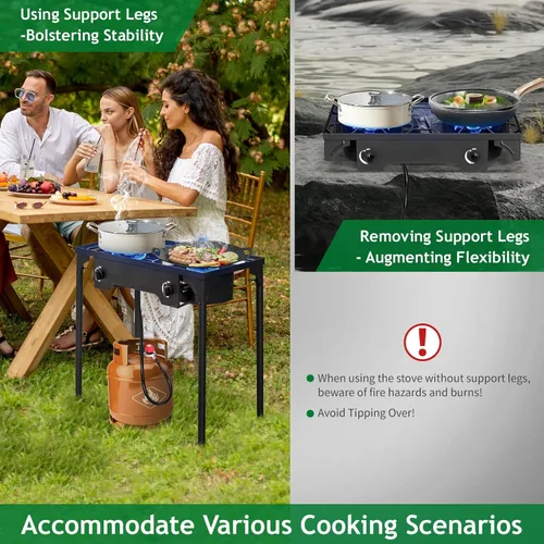 Miniatura 3 de Karl home Estufa de gas propano de 2 quemadores para cocinar al aire libre, cocina de campamento de 225,000 BTU con patas extraíbles y regulador PSI