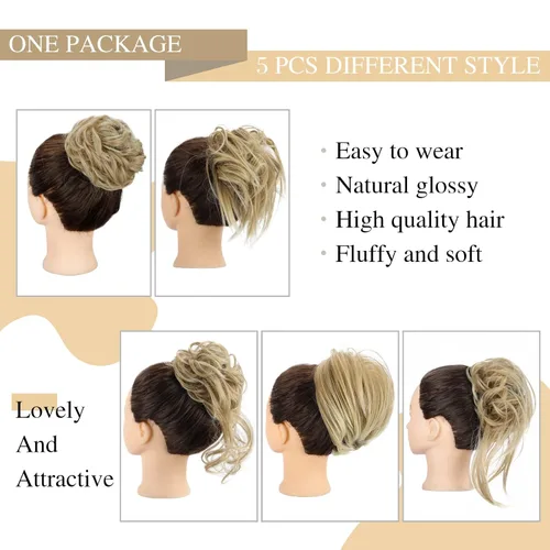 Miniatura 2 de HMD 5 piezas de moño despeinado para mujer, extensión de cabello con banda de goma elástica, extensión de cabello largo y desordenado, accesorios