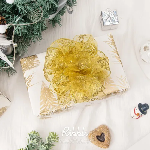 Miniatura 3 de Ribbli Cinta con alambre de purpurina de copo de nieve, organza dorada transparente con patrón de copo de nieve con purpurina dorada y borde