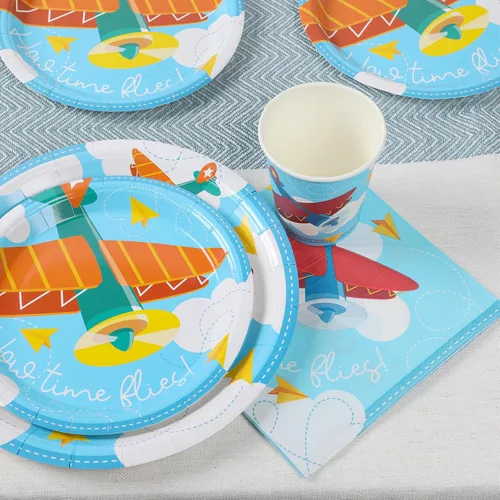 Miniatura 4 de Decoraciones de fiesta de cumpleaños de avión (sirve 24) platos llanos, platos de postre, vasos, servilletas. Cómo vuela el tiempo para baby shower
