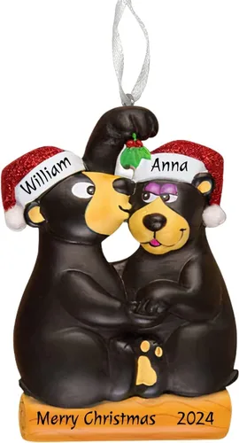 Adorno personalizado de oso negro para pareja, besándose bajo el muérdago, árbol de Navidad, boda, familia, decoración personalizada con purpurina