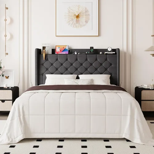 Miniatura 10 de Allewie - Base de cama tamaño King, cabecero con almacenamiento y estación de carga, tapizado en terciopelo, botones cosidos en forma de diamante