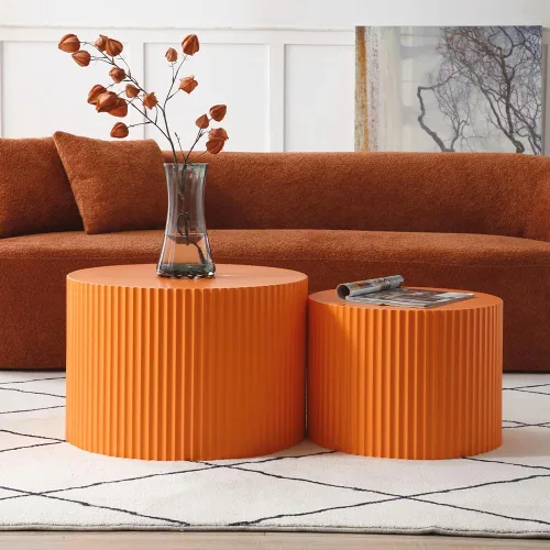 Miniatura 3 de WILLIAMSPACE Juego de 2 mesas auxiliares anidadas, mesas de café redondas de madera color naranja mate, mesas auxiliares modernas de lujo, mesa