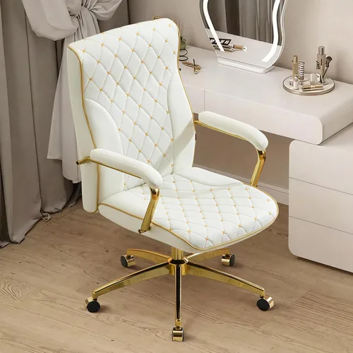 Miniatura 8 de Furniliving Silla de oficina blanca y dorada, sillas de oficina de cuero, silla de tocador ajustable con patas doradas y reposabrazos acolchado
