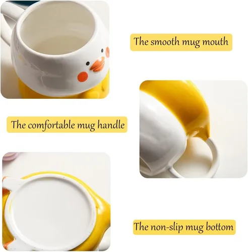 Miniatura 4 de Linda taza de café de pato 3D, divertida taza de café de cerámica de pato con tapa con sombrero y encantadora cuchara de flores, apta
