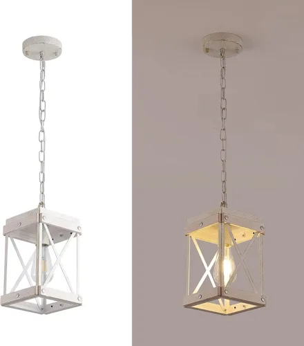 Miniatura 7 de Fivess Lighting - Lámpara colgante rústica de una luz ajustable con jaula de madera y metal, estilo granja moderna en blanco envejecido, lámpara