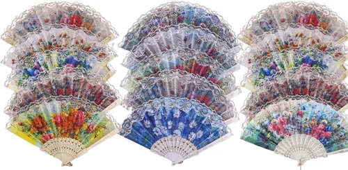 Abanico de mano plegable español, abanicos de baile de flores, abanicos plegables de mano de verano para niñas y mujeres (paquete de 12, flores