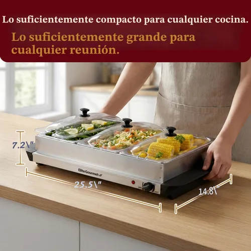 Miniatura 5 de Elite Gourmet EWM-6171 - Servidor de buffet con control de temperatura, calentador de alimentos, 3 bandejas triples de 2.5 cuartos de galón, tapas