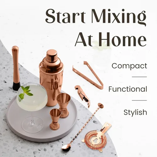 Miniatura 6 de Conjunto de accesorios para cócteles y bar con soporte de madera rústica Cobre