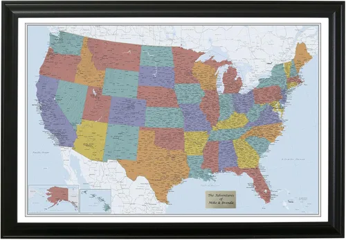 Miniatura 60 de Push Pin Travel Maps Lienzo personalizado Blue Oceans USA con marco gris de madera de granero