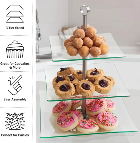 Miniatura 6 de Chef Buddy soporte cuadrado de vidrio para buffet y postre de 3 niveles.