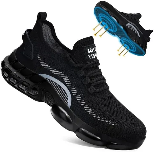 BAIYIJIA Zapatos de punta de acero para hombre, zapatos de trabajo antideslizantes para construcción con amortiguación de aire, zapatos