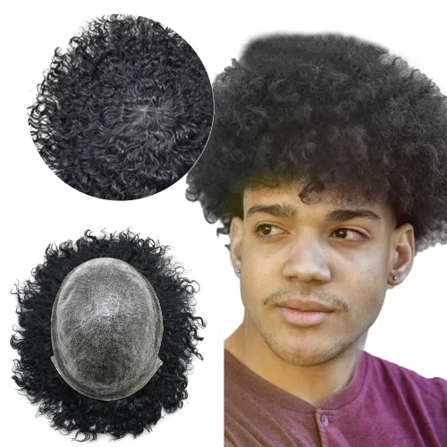 Miniatura 12 de Tupé rizado afro para hombres negros, base de poliéster completa, unidad de cabello fino 100% virgen humano rizado, unidades de repuesto
