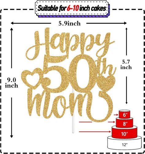 Miniatura 2 de Decoración para tartas con texto en inglés "Happy 50th Mom", feliz 50 cumpleaños para madre, saludos a 50 años, cumpleaños, aniversario, suministros