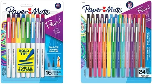 Paper Mate Flair - Bolígrafos de punta de fieltro, llamativos (0.047 in), colores surtidos, 16 unidades | Rotuladores Flair, punta media, surtidos,