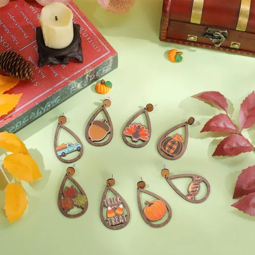 Miniatura 4 de SUNNYCLUE 1 caja, 8 pares de aretes de Acción de Gracias, aretes de gota de madera a granel, aretes de madera para hacer joyas, kits de iniciación