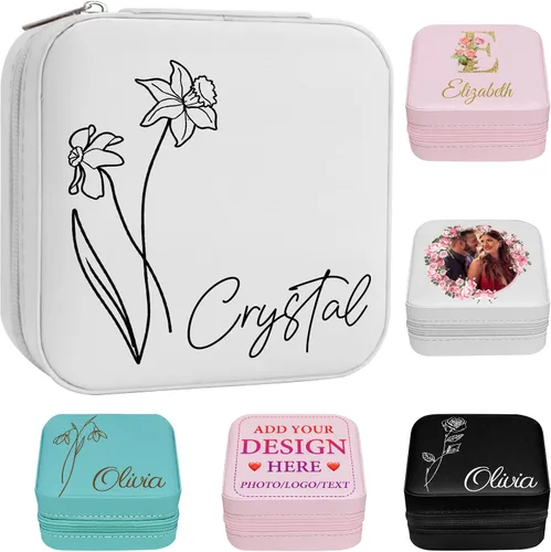 Miniatura 24 de Joyero personalizado para regalos de dama de honor, flor de nacimiento, inicial, joyería de viaje personalizada para mujeres, organizador de joyas