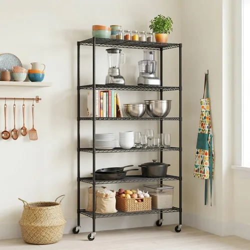 Miniatura 2 de PayLessHere Estante de alambre de 6 niveles con ruedas 48 x 18 x 82 pulgadas Negro Estantes ajustables Estantes de almacenamiento de alta