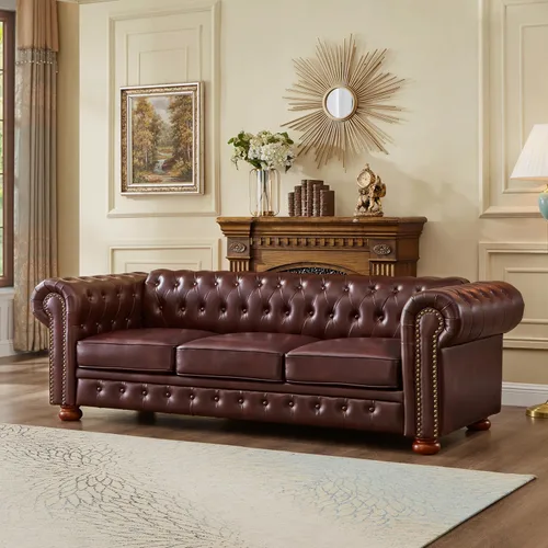 Miniatura 10 de Chesterfield - Sofá de cuero, sofá moderno de mediados de siglo de 89 pulgadas con respaldo bajo, brazo enrollable, ribete de cabeza de clavo, sofá